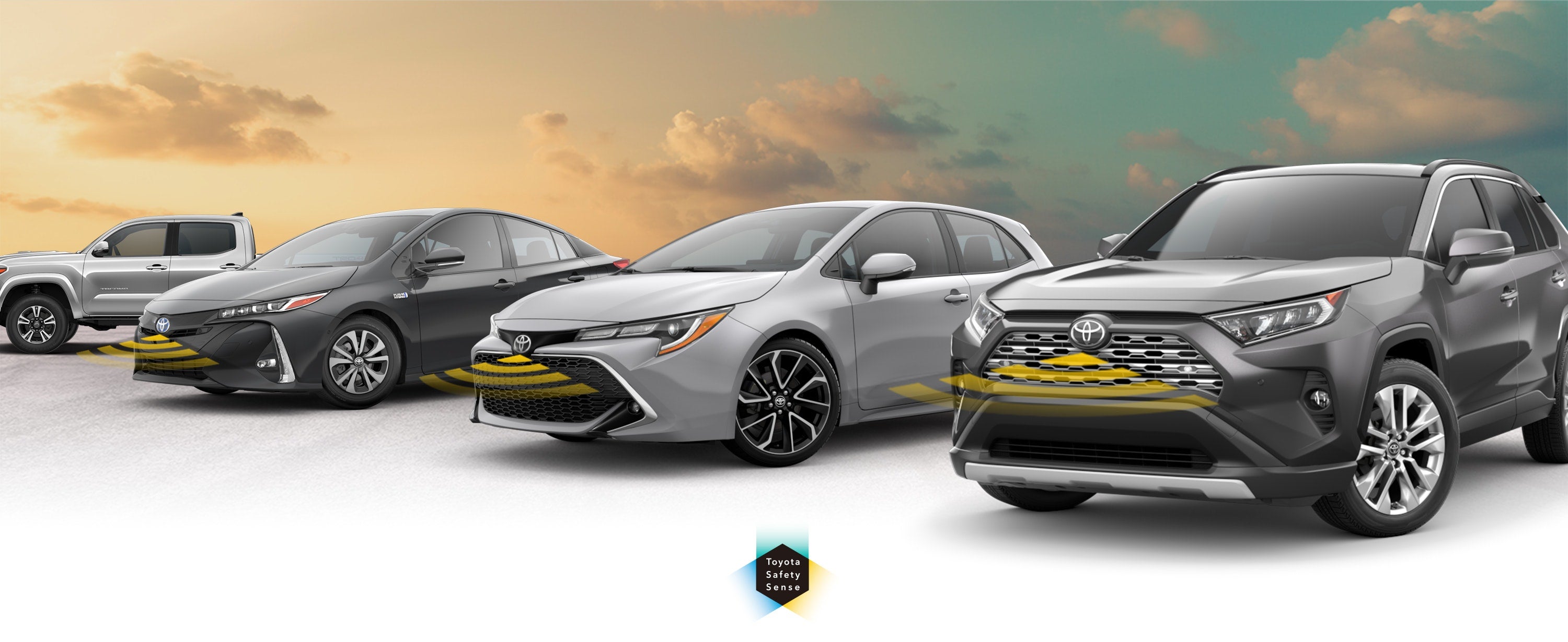 Toyota Safety Sense: Designed for Safety. Options shown on Toyota models including RAV4, Tacoma, and Camry, available now at Fort Dodge Ford Toyota in Fort Dodge IA.